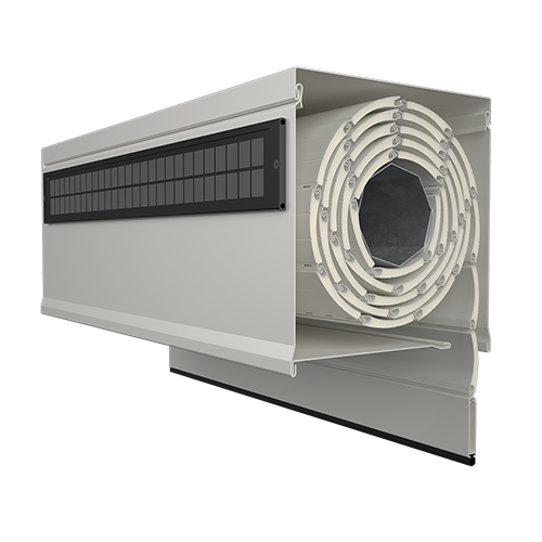 Roller shutter box with integrated solar panel