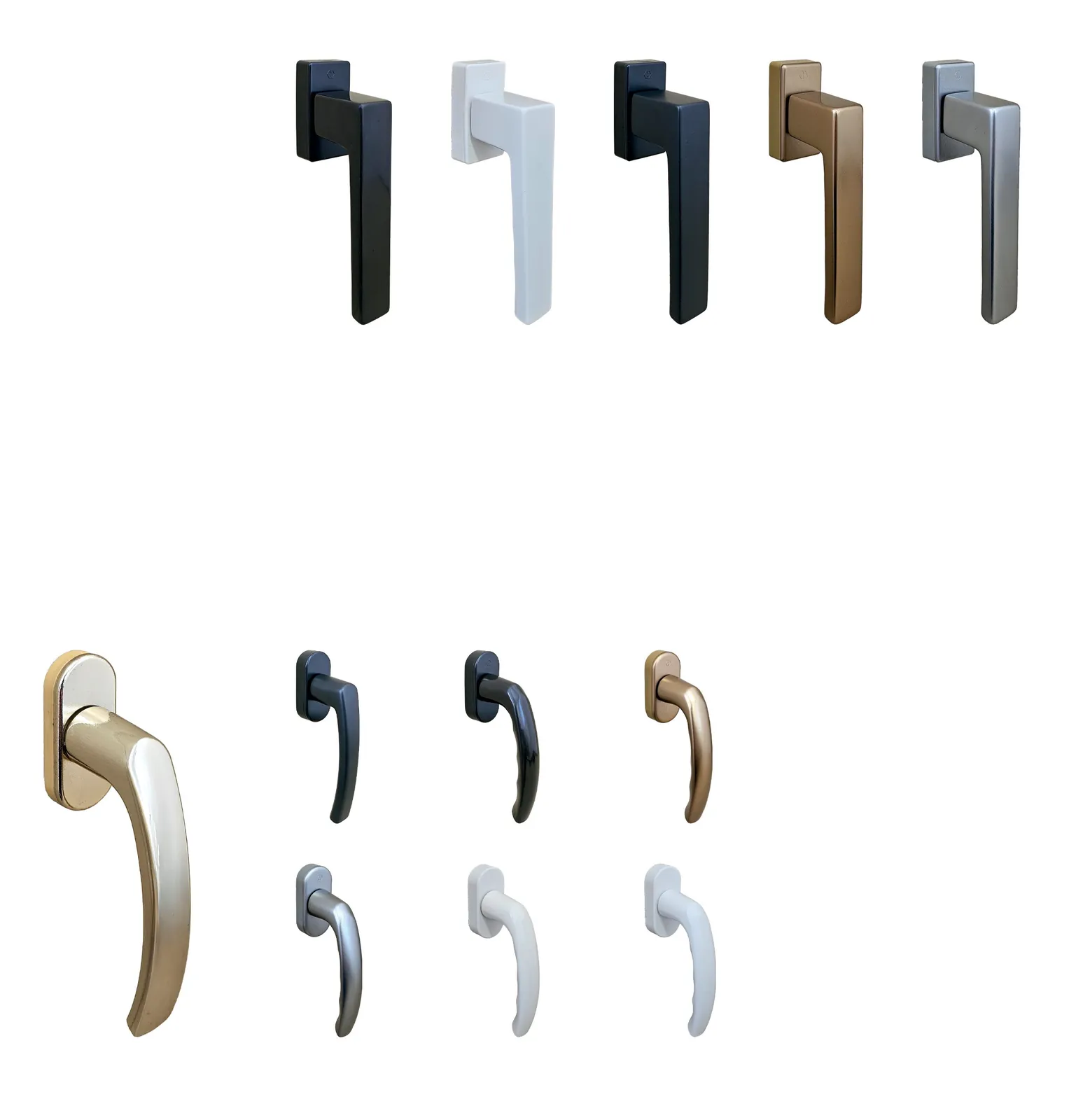 Selection of window handles in several finishes: black, white, bronze and silver