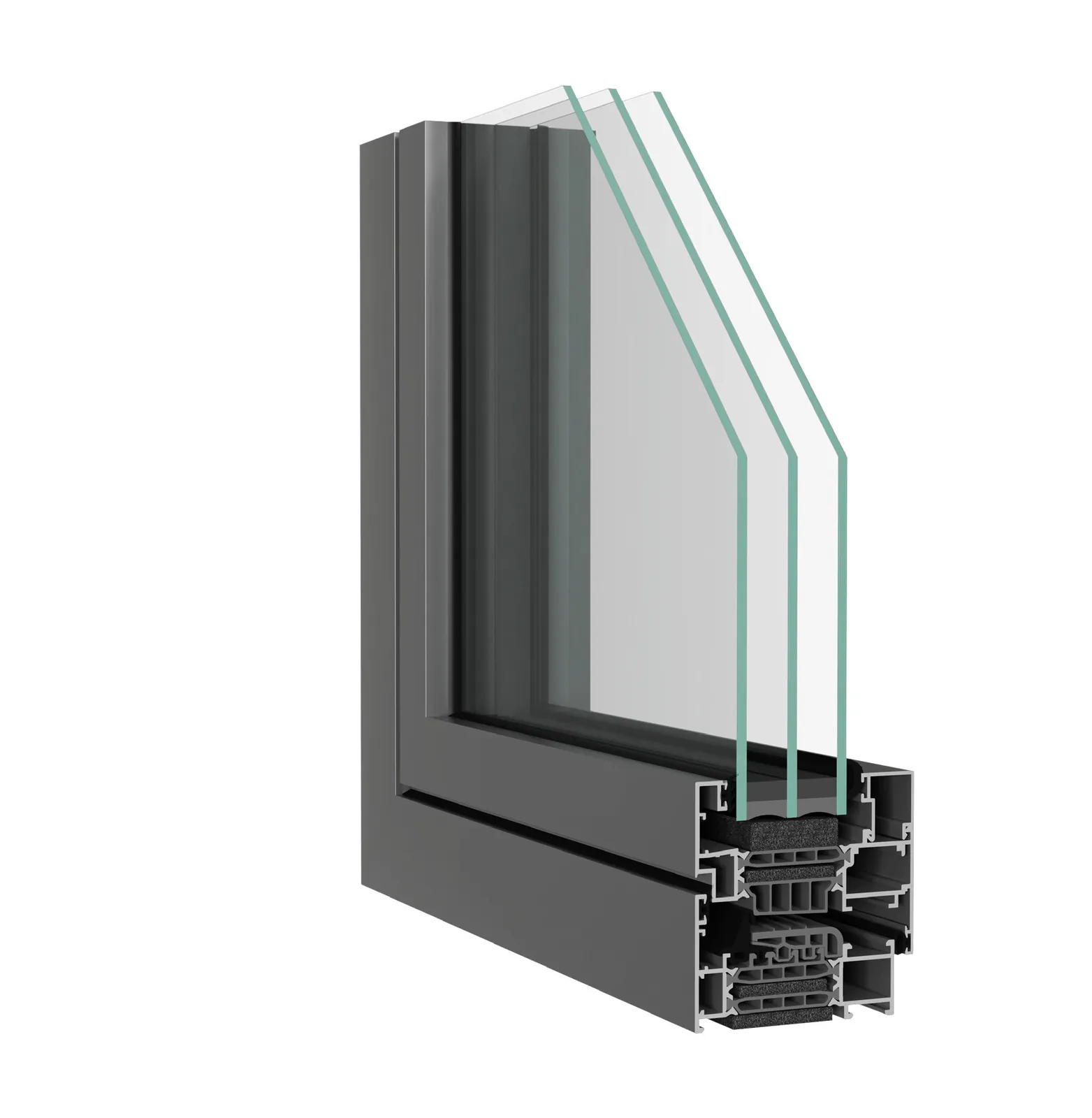 Cutaway corner of an anthracite grey aluminium window profile with thermal break and triple glazing
