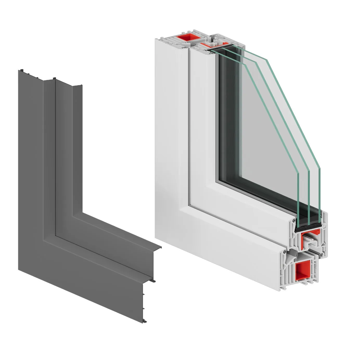 White PVC window profile shown with its grey aluminium exterior cover profile
