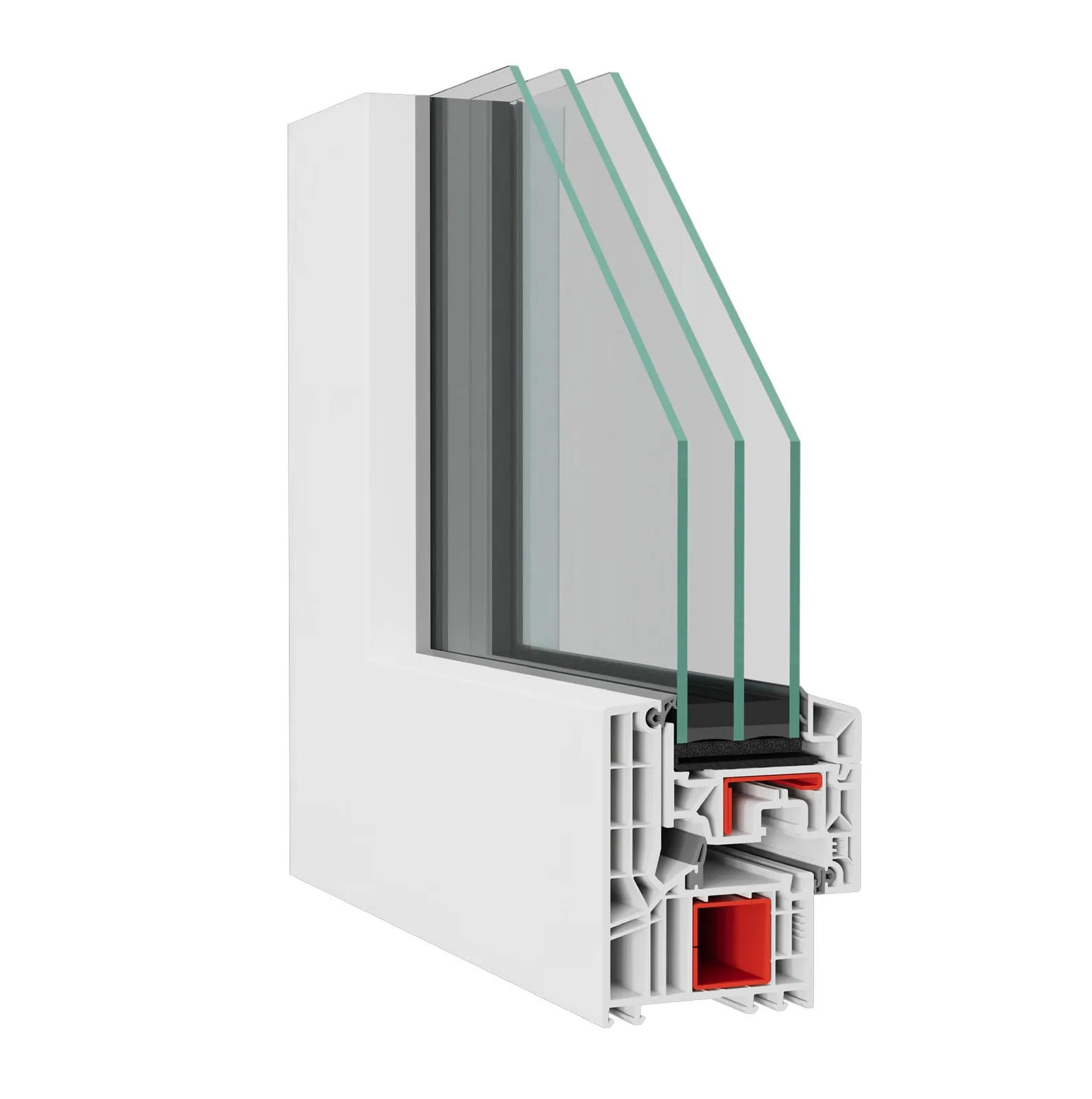 Cutaway corner of a white PVC window profile with triple glazing and visible steel reinforcements