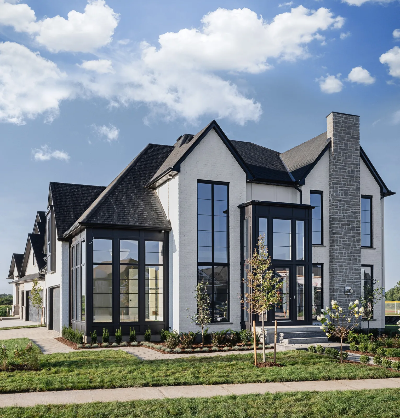 Detached house with white facade and multiple black windows and tall glazing